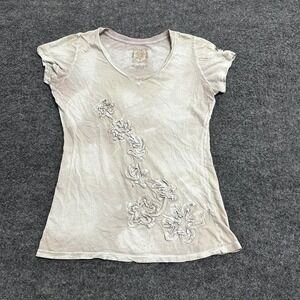 Velvet Stone T-Shirt Womens Size L Tan Acid Wash Floral Applique V-Neck USA Made